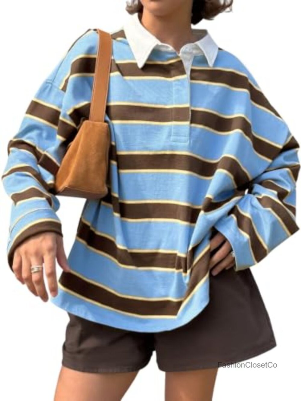 Women's Oversized Striped Long Sleeve Polo Shirt Fall Top